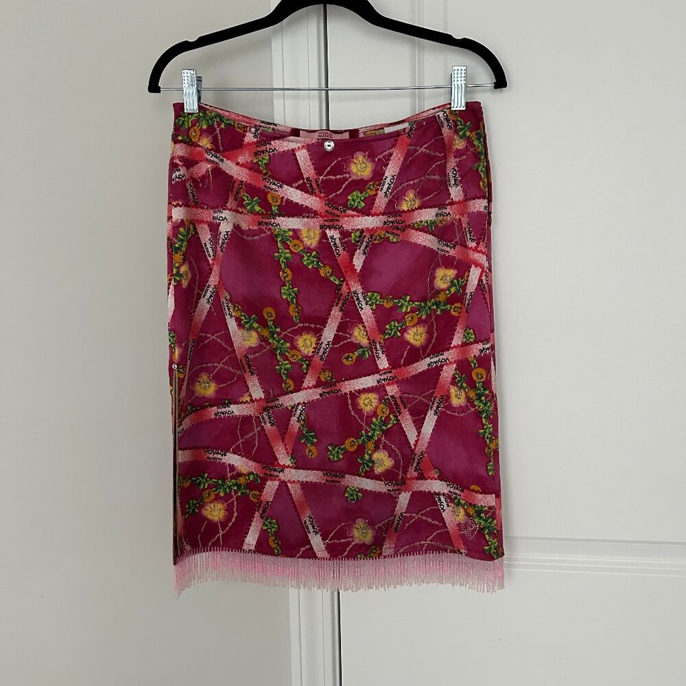 Vintage Y2K Voyage Passion Beaded Fringe Mini Skirt Pink Embroidered Statement